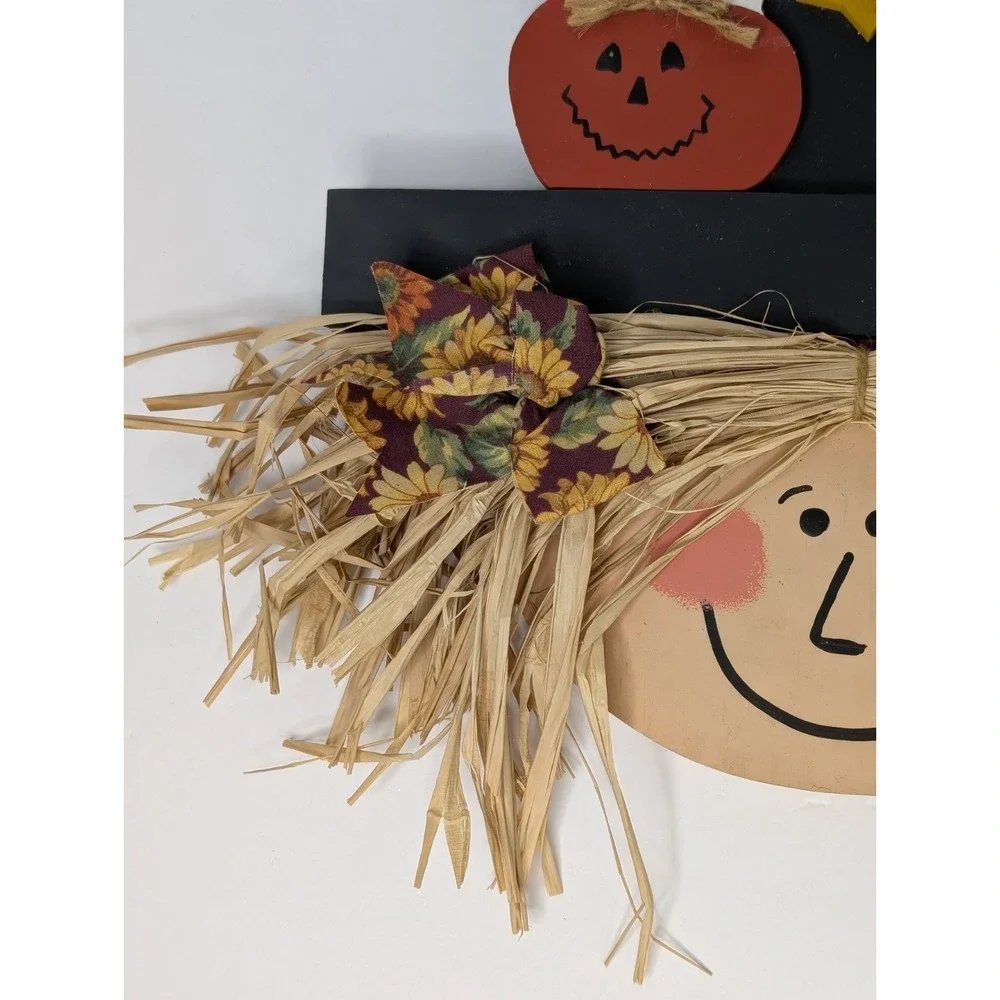 Handmade Wooden Halloween Witch Hat Wall Hanging Rustic Straw Hair Decor